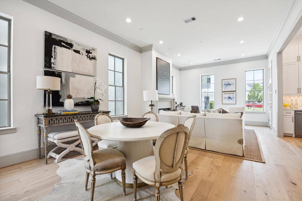 High ceilings, crown moldings and 7" White Oak flooring throughout Living areas and Primary suite.