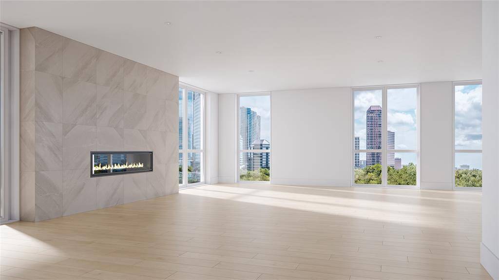 Artist Rendition detailing another perspective of the homes Kitchen that opens the homes living & dining areas. The kitchen is replete with top tier Thermador appliances (all paneled of course). Waterfall edge stone finishes & custom designed Eggersmann cabinetry throughout married by the European Oak flooring.