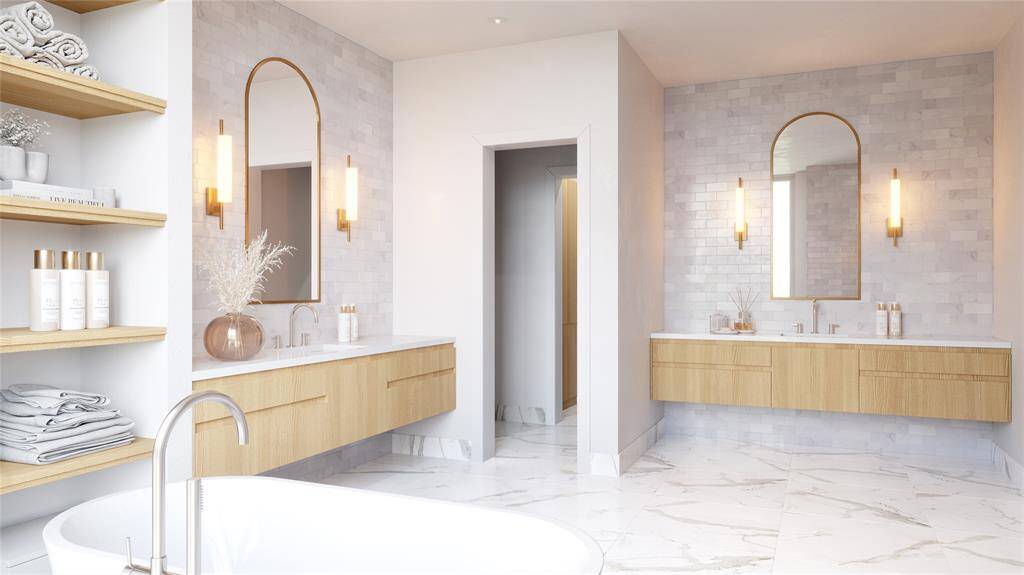 Artist Rendition of the Primary Bathroom, complete with Eggersman Cabinetry, freestanding soaking tub, paneled walls & an abundance of natural light illuminating the lush owners space.
