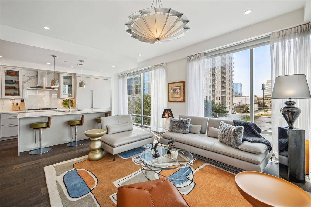 View of the living room overlooking the kitchen.