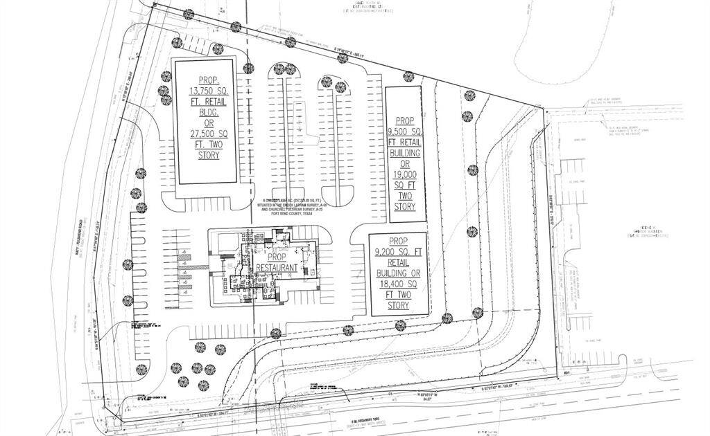 Here is another example that shows the flexibility of what could be done on one of the most visible corner Lots in downtown Fulshear. This site plan shows a corner restaurant with complementary adjoining retail space.