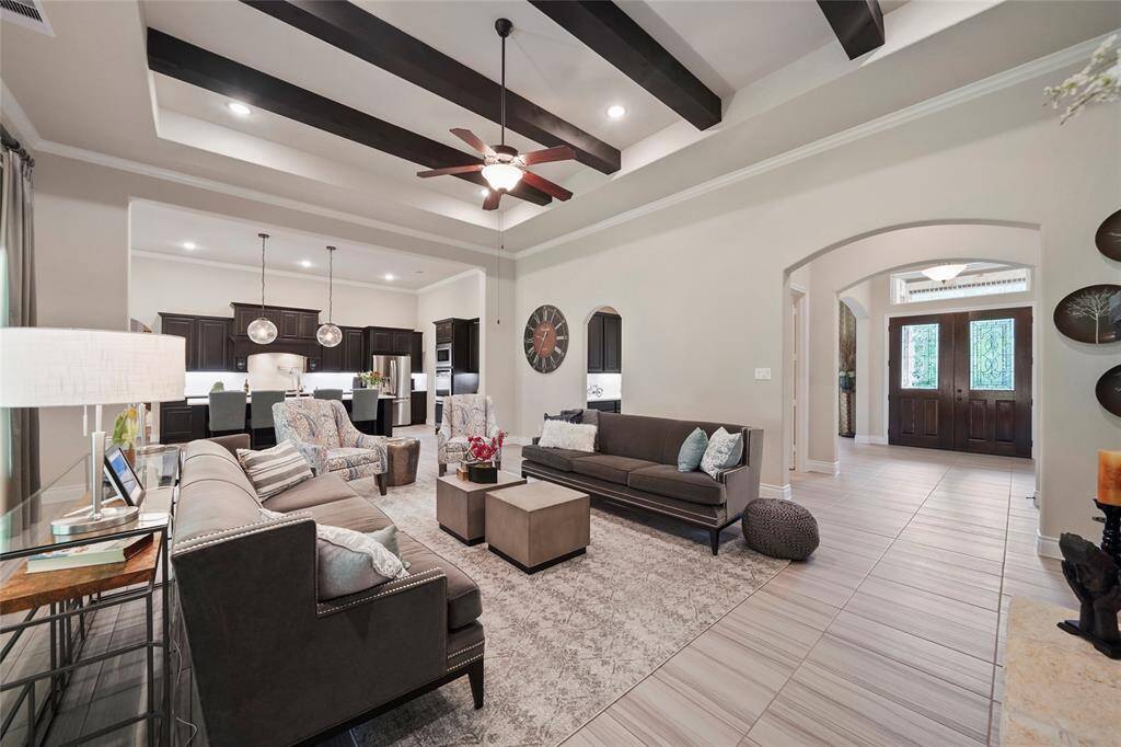 Beautiful wood beams and floor to ceiling stone fireplace.