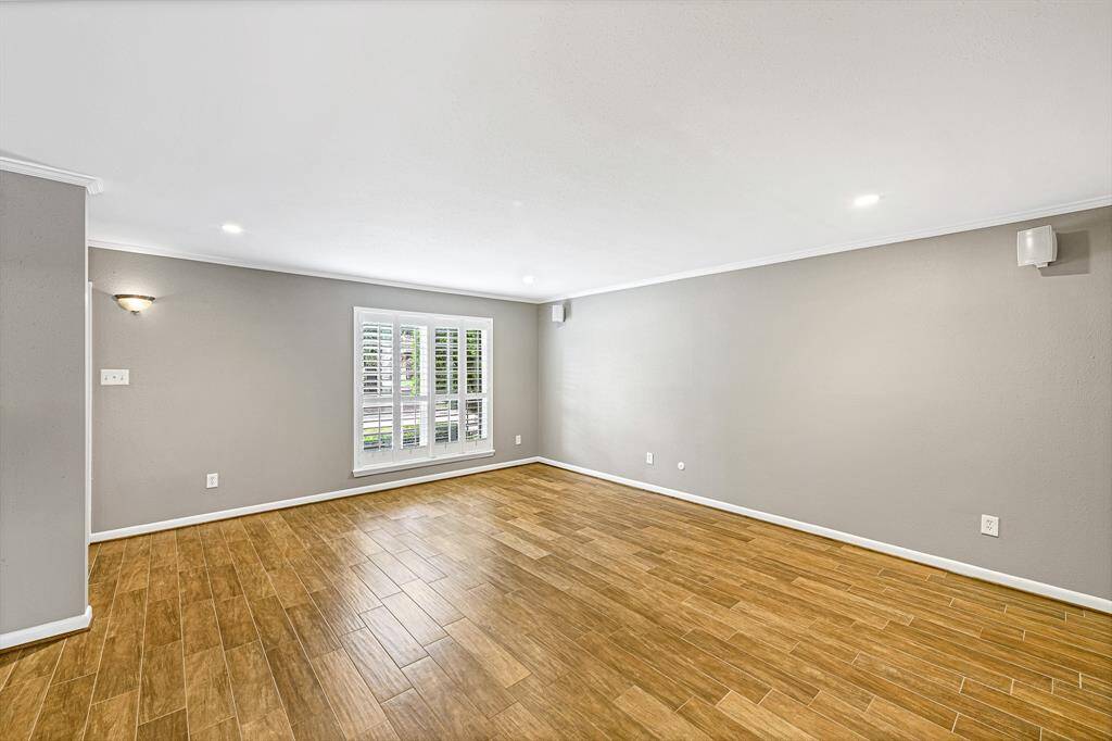 Plantation shutters adorn the windows