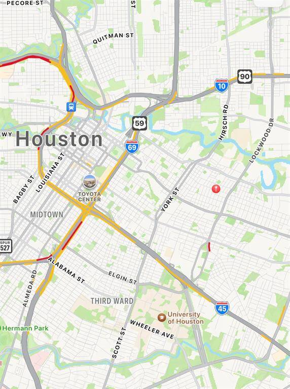 This is a map of central Houston, Texas, highlighting the area around downtown, key highways, and points of interest such as the Toyota Center and University of Houston. It shows the city's layout and access routes, useful for a home buyer considering location and connectivity.