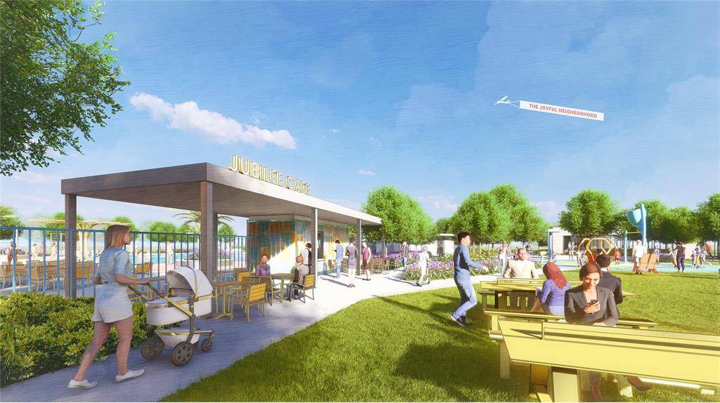 The Joy Hub is an impressive 4.8-acre complex, and Phase 1 will feature:•1,000 sq ft Coworking space with coffee bar•11,000 sq ft Pool with climbing wall and play surfaces•2,000 sq ft Splash pad•7,200 sq ft Event lawn with café space for temporary event vendors and food truck hookups•83 Parking spaces•The highlight? The pool is set to open in summer 2025!