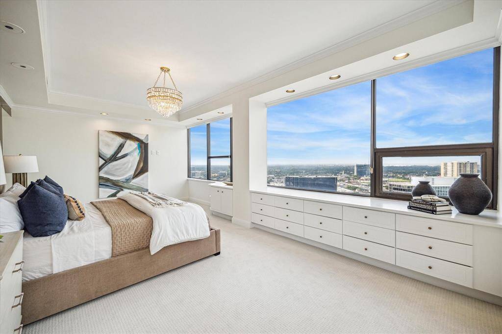 Built-in bank of drawers and display top maximize storage while keeping the views front and center.