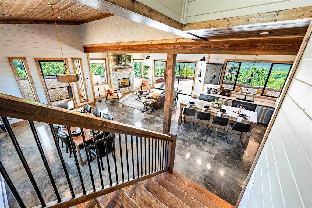 stairs down to the open kitchen