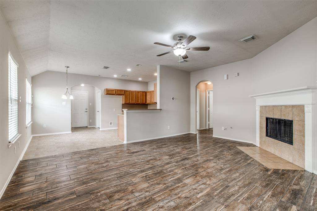 Wood look tile in living room.