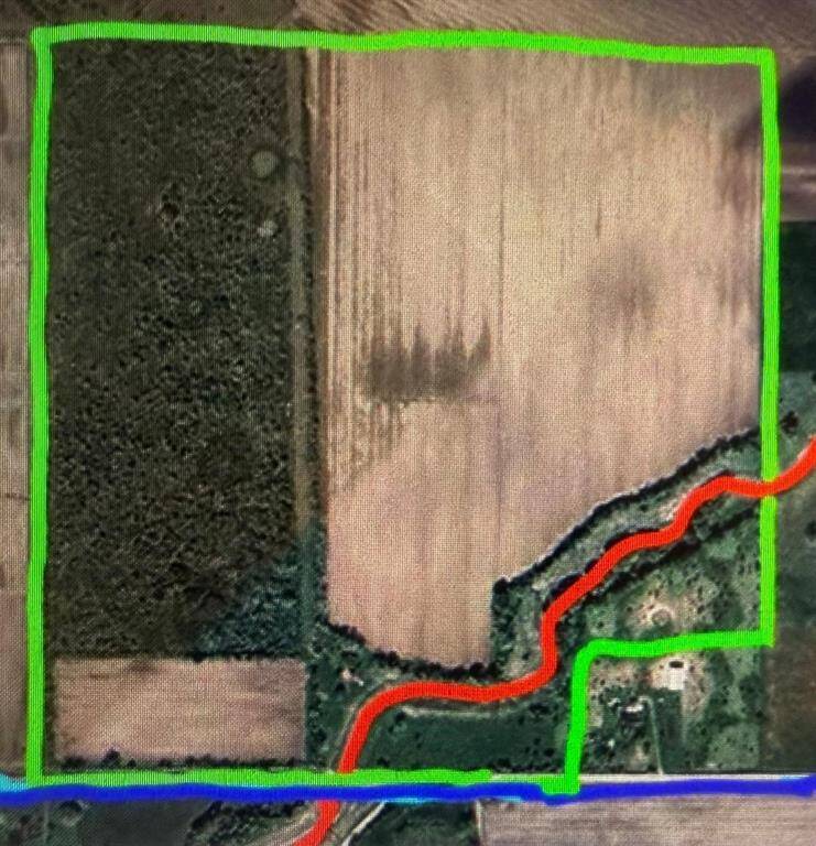 The green shows the borders of the entire property, the red is the creek, and blue is Walker Road. The largest portion of the property is cleared field with that wooded area on the left side.