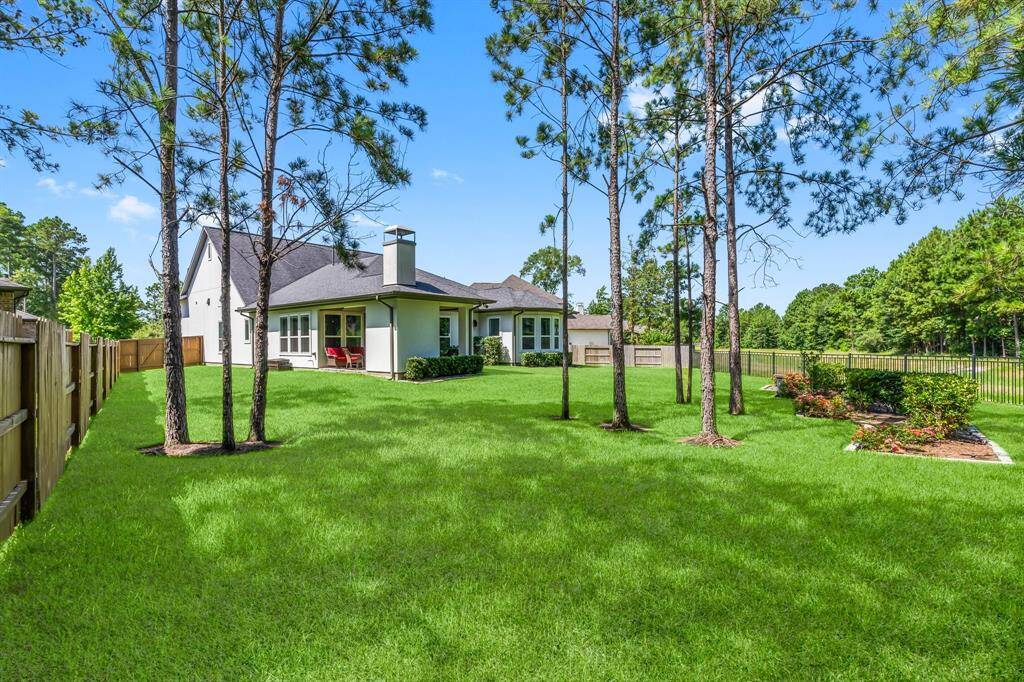 View of home and backyard, framed by the cast iron fence and extending onto the greenbelt