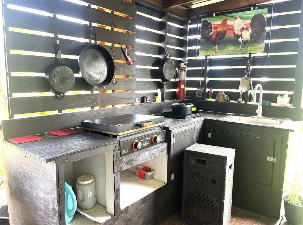 Deck is equipped with an outdoor kitchen