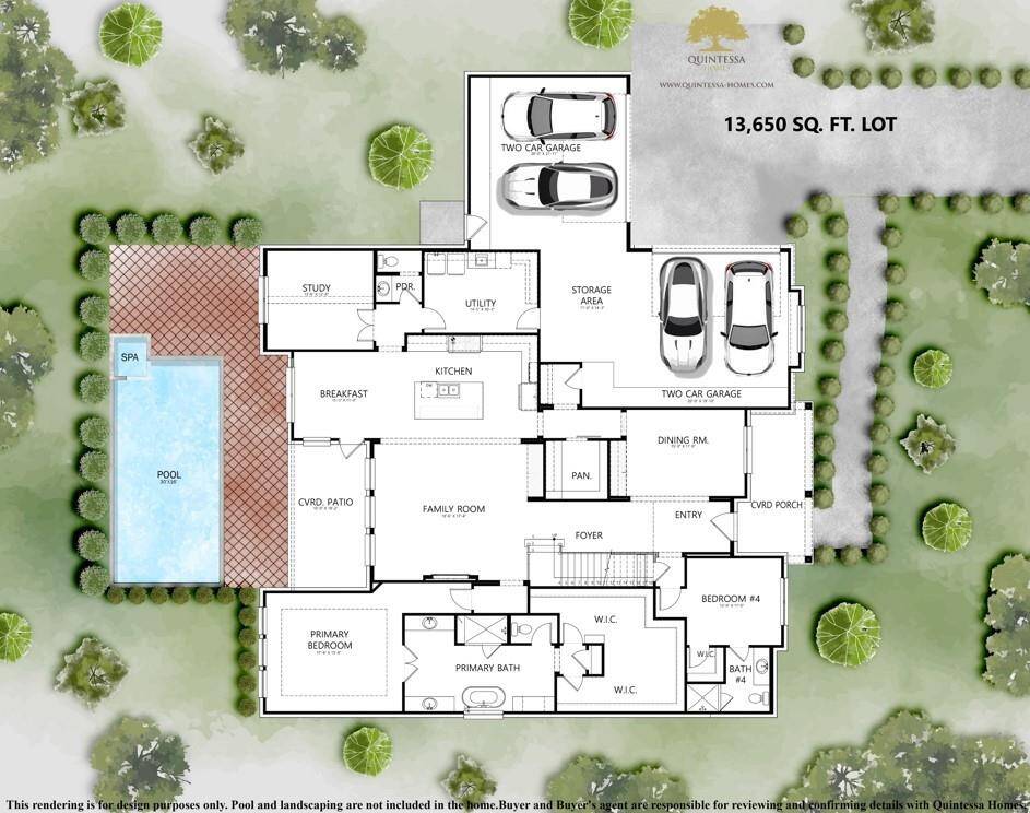 Artist Rendering of first floor on site plan. Pool and sod are not included.