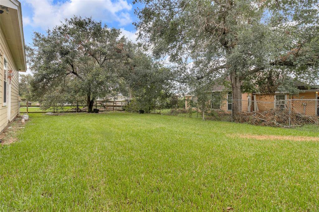 Spacious backyard with lush green grass, mature trees providing shade.