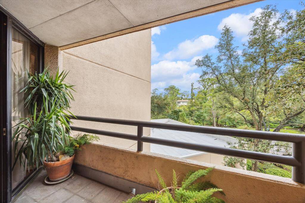 Charming balcony with serene treetop views.