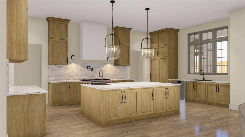 The kitchen features a 48” range, built-in microwave, ice maker, under-counter LED lighting, soft-close drawers, quartzite countertops, a custom plaster vent hood, an oversized walk-through pantry, stain-grade millwork, designer pendants and sconces, and a prep sink. Rendering Image. Final finishes subject to change.