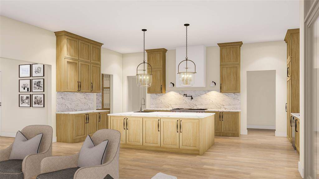 Behind the stove wall lies the walk-through pantry. To the right of the kitchen are the breakfast area, mudroom entrance from the garage, and utility room. Rendering Image. Final finishes subject to change.