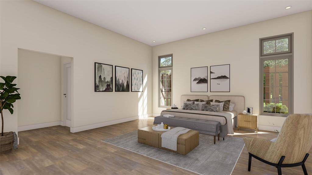 The primary bedroom, measuring 18' x 19', features wood floors and sliding doors that lead to the covered patio. Rendering Image. Final finishes subject to change.