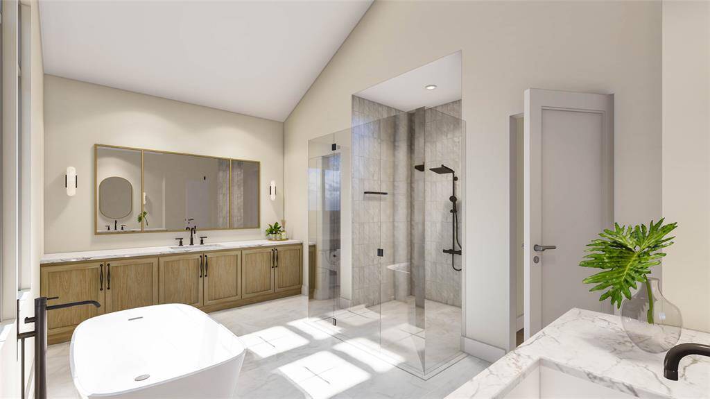 The primary bathroom includes separate his and her vanities, stain-grade millwork, designer tile, quartzite countertops, a curbless shower, a freestanding tub, designer lighting, an oversized walk-in closet with an island, all under stunning 14' sloped ceilings. Rendering Image. Final finishes subject to change.