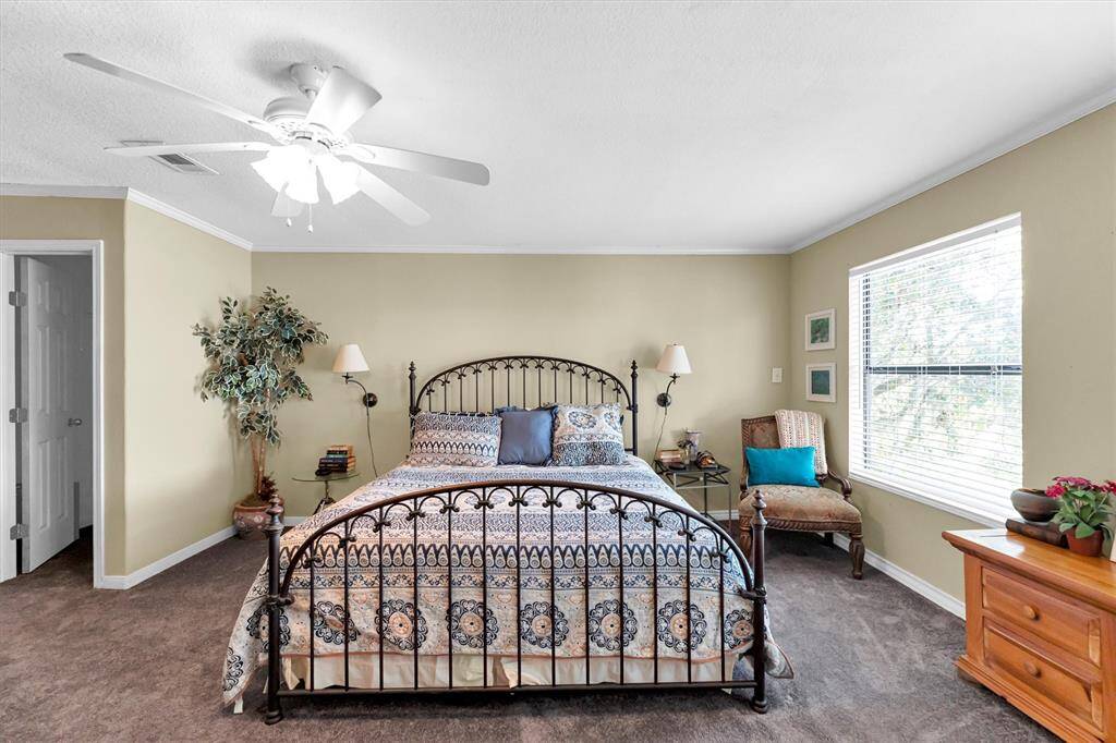 Spacious primary bedroom with a ceiling fan and wonderful natural light from a large window.