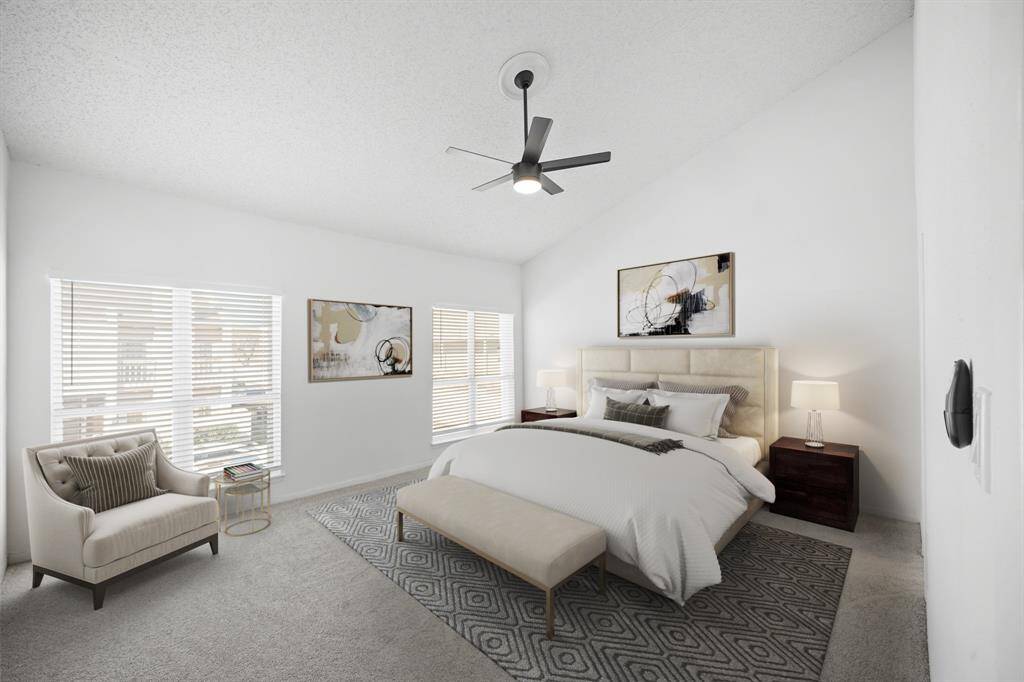 Virtually Staged: Unwind after a long day in this incredibly spacious Primary Bedroom! Featuring lots of natural light, plush carpet, privacy blinds, and a ceiling fan. This room is complete with an en-suite bathroom and walk-in closet.