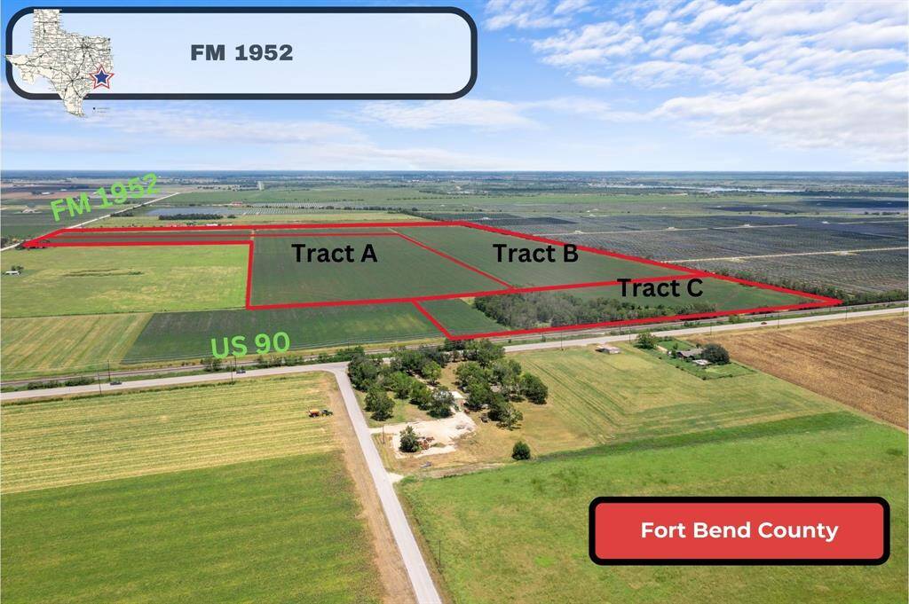 TRACT B - PRIME 63.435 acre Ag Exempt tract to be sold together with the adjacent tracts labeled Tracts A and C in the photos totaling 141.44 acres in western Fort Bend County and zoned to Brazos ISD!   Being 100% OUT OF THE FLOOD PLAIN (Flood zone X per FEMA flood maps) and offering approximately 700 feet of road frontage on FM 1952 that connects Hwy 90 and Hwy 36, this property offers tremendous potential for residential, commercial or industrial development. Schedule a private tour today!