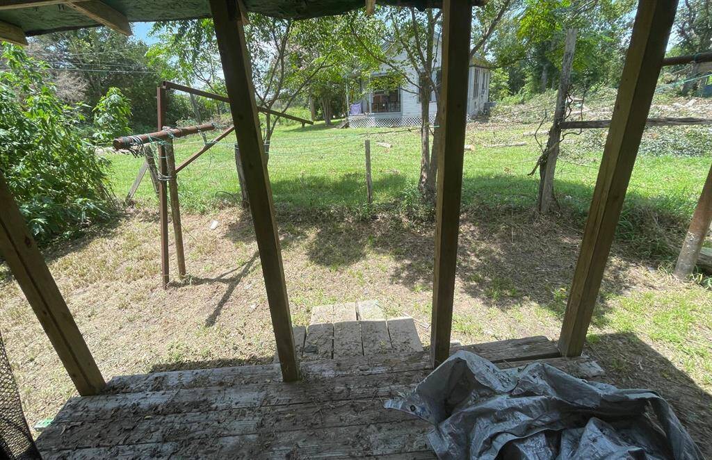 standing on back yard porch looking at fence between next door neighbor.