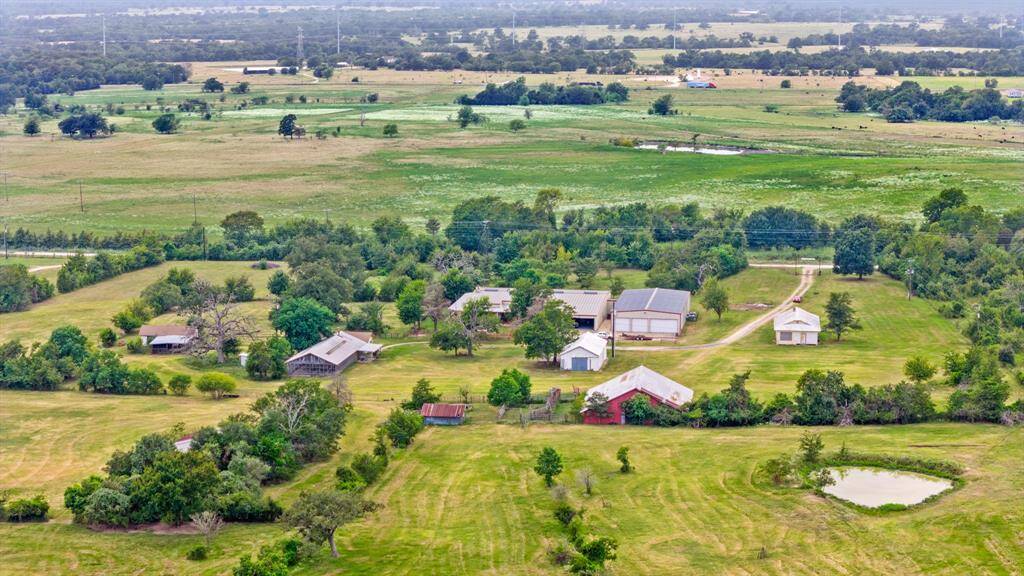 Aerial overview of the property and all buildings on the property.