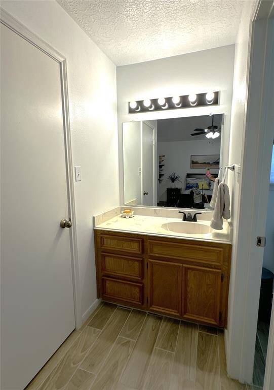 Primary bath vanity with convenient walk-in closet access on the left.