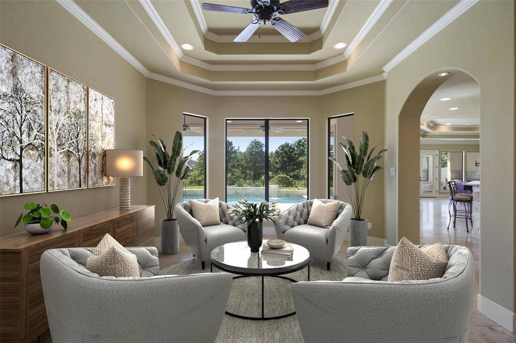 Host with style against the backdrop of a stunning pool view.