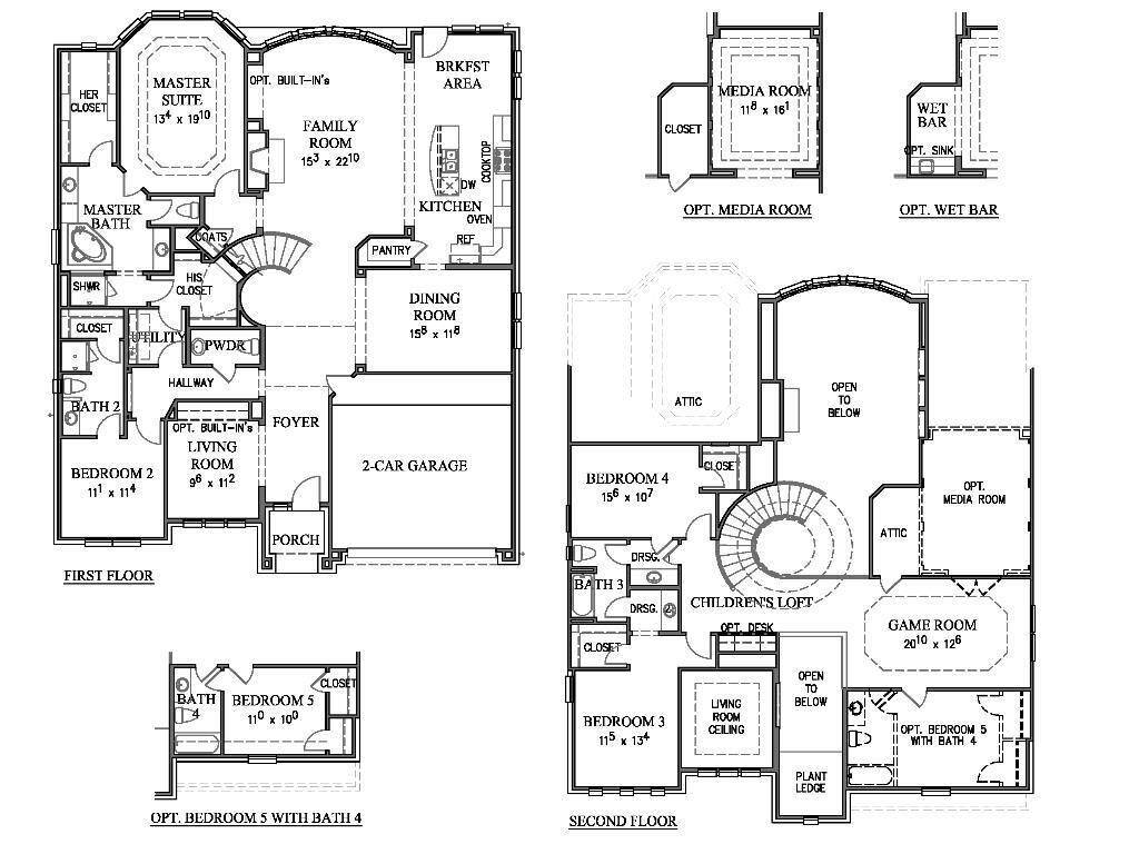 Builder plans showing optional 5th bedroom and extra bath buildout option off gameroom.