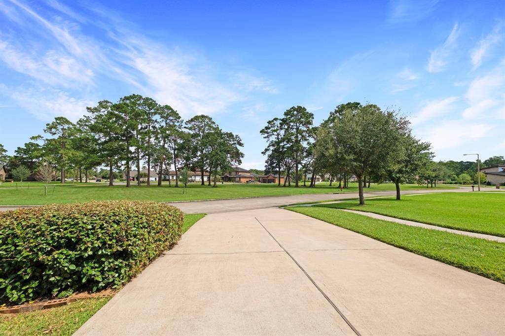 This photo showcases a spacious, well-manicured lawn with a concrete pathway leading towards a serene neighborhood setting, surrounded by mature trees and a clear blue sky.