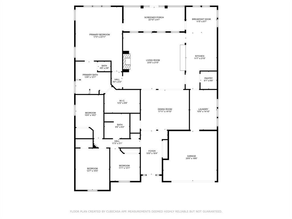 This is a floor plan of a house featuring a primary bedroom with an en suite bath, three additional bedrooms, a second full bath, living room, dining room, kitchen with pantry, breakfast nook, laundry room, foyer, garage, and a screened porch.