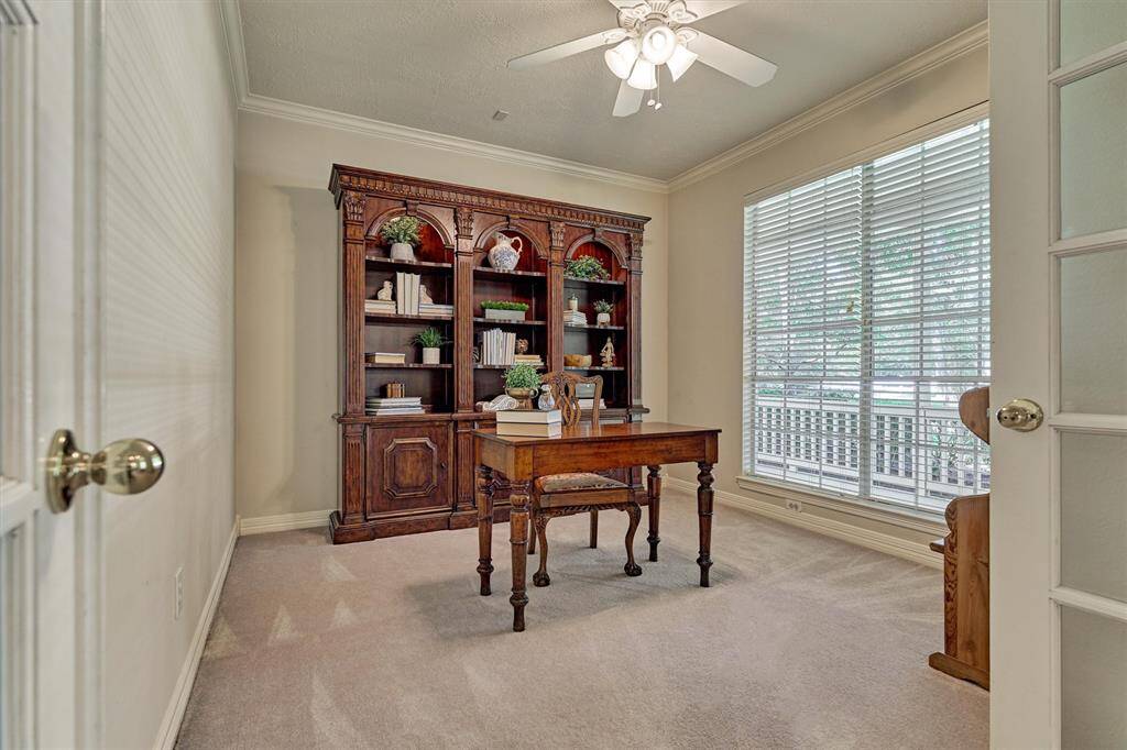 Elegant office with views out to the front porch