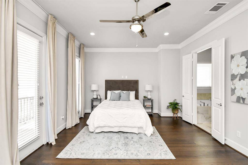 This dream and spacious primary bedroom located on second floor is a true retreat, featuring a private balcony, walk-in closet, and en-suite bathroom.