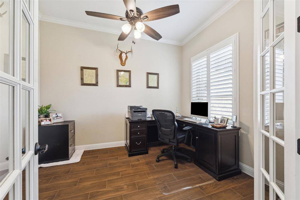 Home office with french doors & plantation shutters
