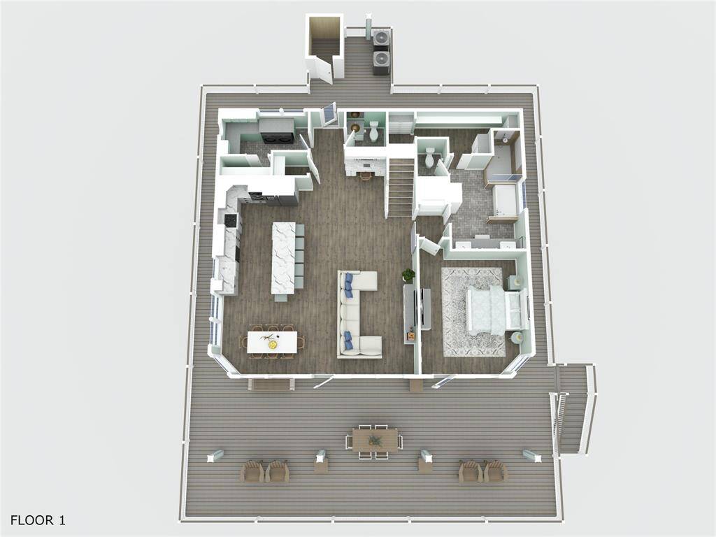 This floor plan features a spacious open-concept living area with a combined dining and living room leading to a large outdoor deck.