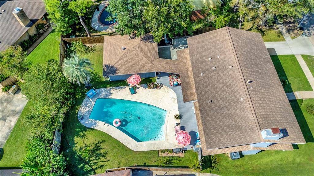 An overhead view of the wonderful backyard space and pool.