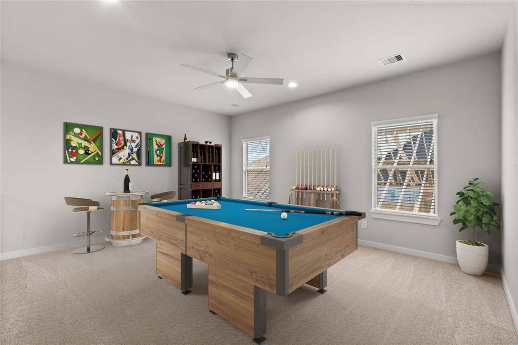 Come upstairs and enjoy a day of leisure in this fabulous game room This is the perfect hangout spot or adult game room, this space features plush carpet, high ceiling, recessed lighting, custom paint and large windows with privacy blinds.