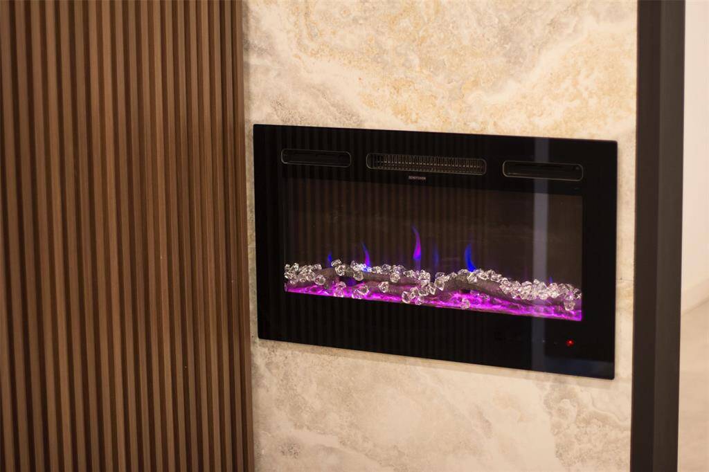 Custom fireplace in primary bathroom