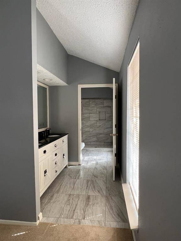 This is a modern bathroom with gray walls, a double vanity with white cabinetry, and tiled flooring that leads to a walk-in shower visible through an open door. Natural light streams in from a window on the right.
