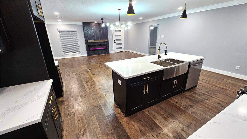 Beautiful Open Concept 30x20 Kitchen, Dining Room and Living Area.  Featuring Modern Fireplace, Solid Wood Matte Black Cabinets with Soft Close Doors/Drawers, Stainless Steel Samsung Smart Appliances, Brushed Gold Hardware and Lighting