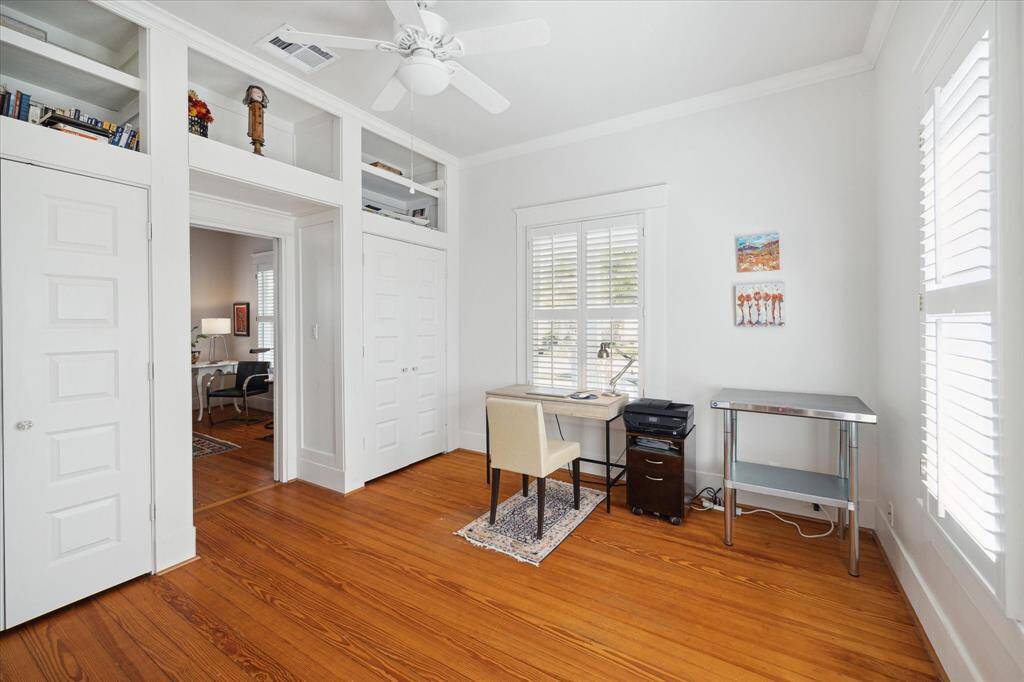 Built-in cabinetry in the second bedroom along with excellent closet and storage space, enhancing the functionality of the bedroom.