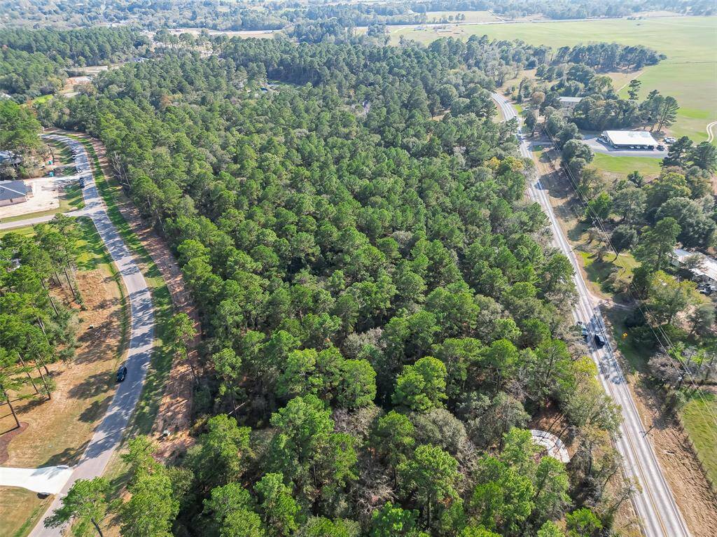 This aerial photo showcases a lush, wooded area with dense green trees, bordered by winding roads. It's a spacious, serene location ideal for nature lovers seeking privacy and tranquility, yet still accessible via nearby roads.