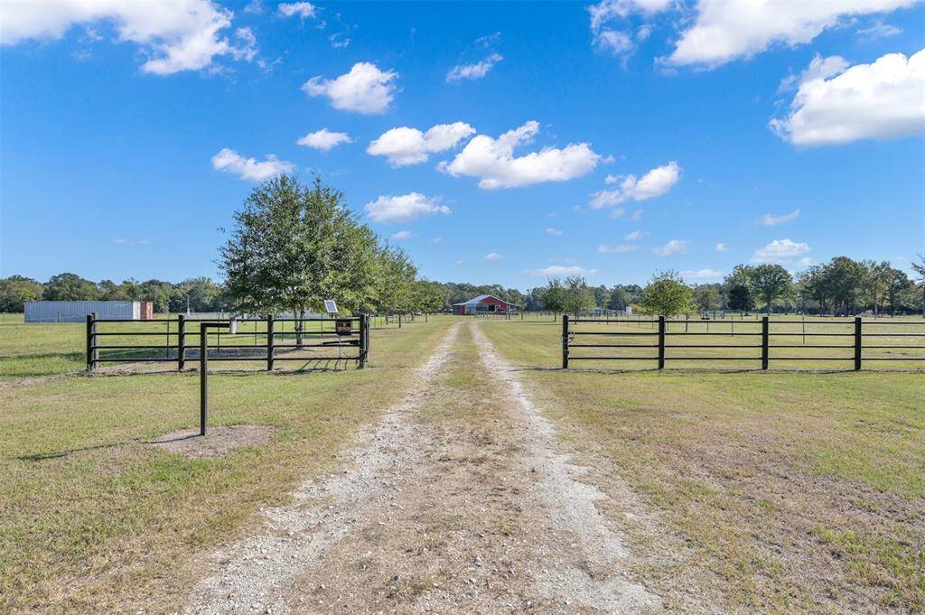 This is a spacious rural property featuring a long driveway flanked by fenced pastures. The scene is tranquil with open skies and scattered clouds, perfect for those seeking a country lifestyle.