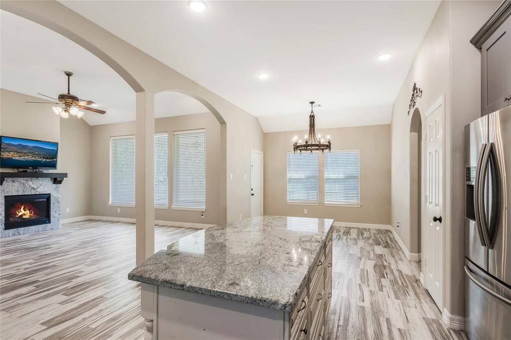 Kitchen and large eating area.