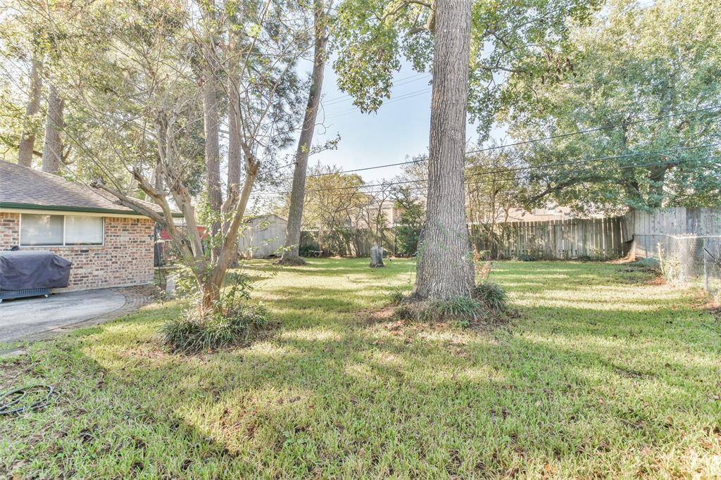 Tranquil backyard with a lush green lawn, towering mature trees, and a private fence, creating a peaceful outdoor retreat. The open space is perfect for outdoor activities, gardening, or enjoying nature in a serene setting