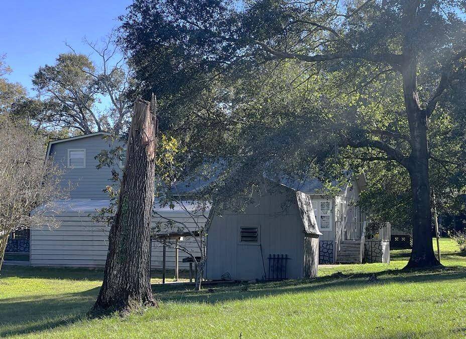 View of home and storage from side yard.