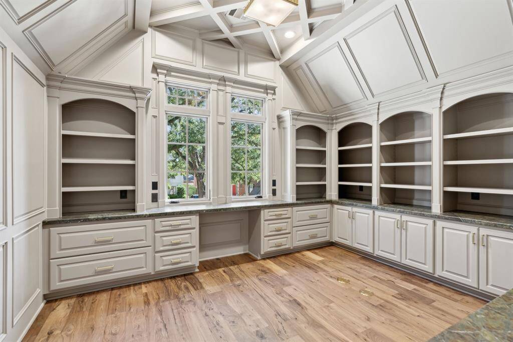 [Office] Paneled office with casement windows, built ins and coffered ceiling