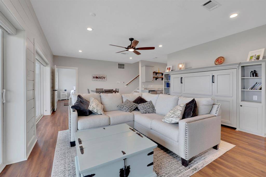 There is a Queen sized Murphy Bed and plenty of storage and built ins in the closet under the stairs