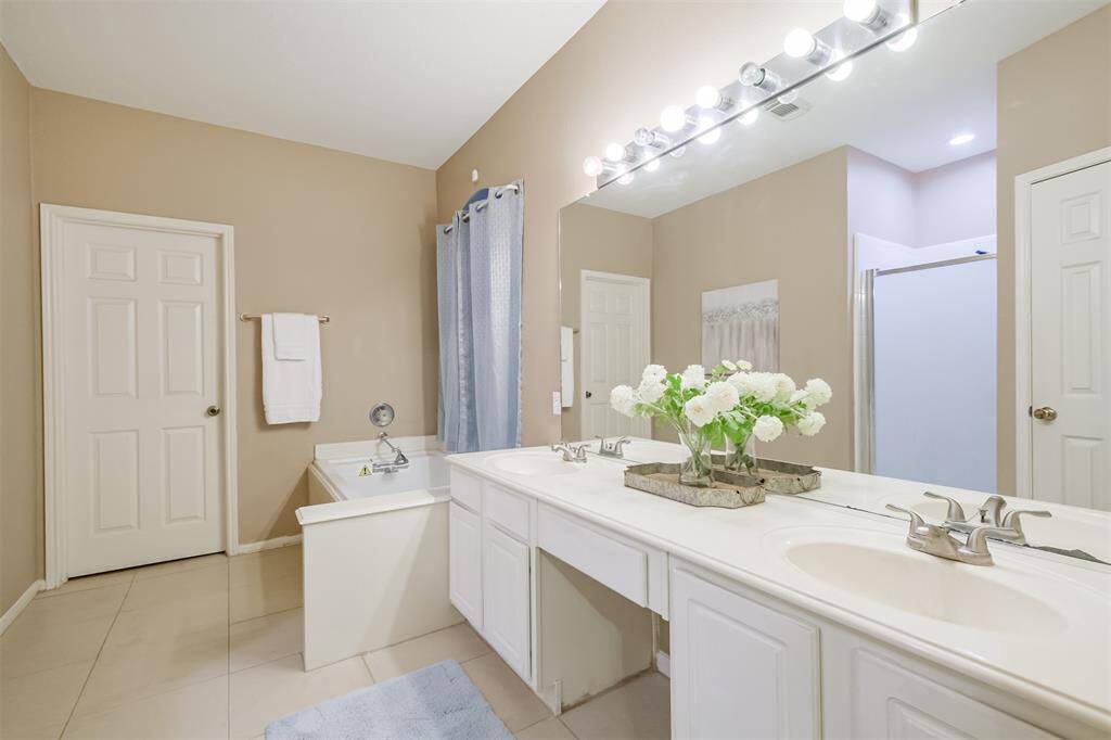 Primary bath with double sinks, soaking tub and separate shower.
